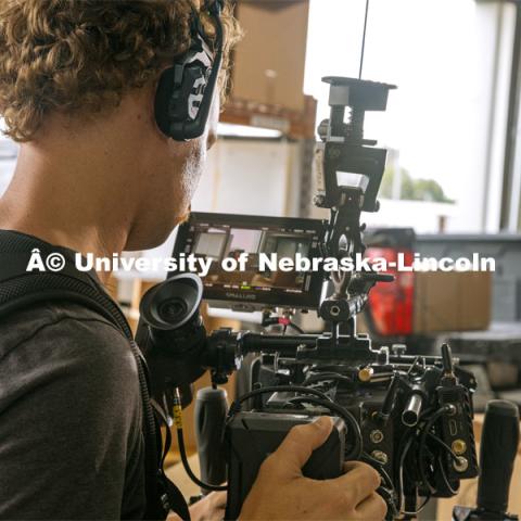 Videoing Oak Barn Beef in Westpoint, Nebraska. Behind the scenes photo for the university's new "Home Again" national advertisement. June 27, 2024. Photo by Kristen Labadie / University Communication.   